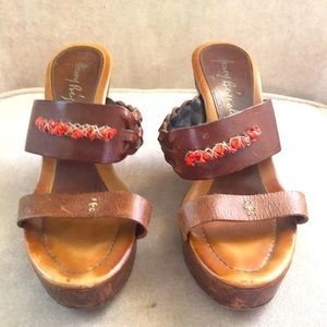 HENRY‎ BEGUELIN brown leather beaded platform wedge sandals Italian